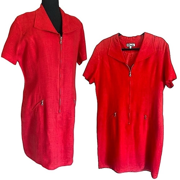 NY Sake LINEN Shirt Dress Silver Hardware Zip front, zipper pockets Red Size 1… - Picture 16 of 16